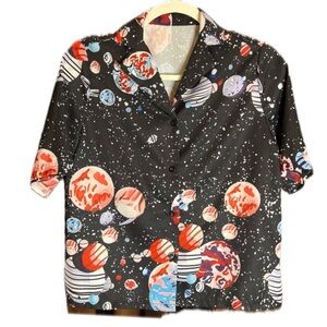 Cropped Black Planet Print Button Down Shirt